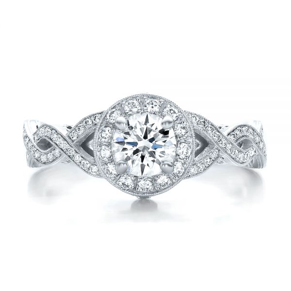 14k White Gold Custom Diamond Halo And Filigree Engagement Ring - Top View - 100575