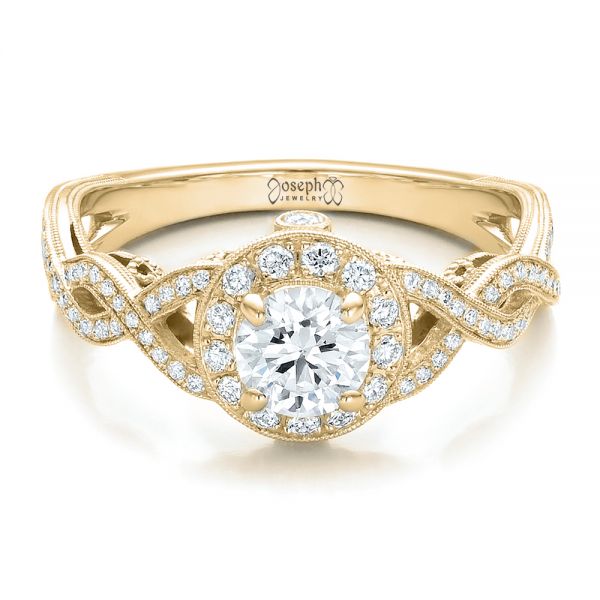18k Yellow Gold 18k Yellow Gold Custom Diamond Halo And Filigree Engagement Ring - Flat View -  100575
