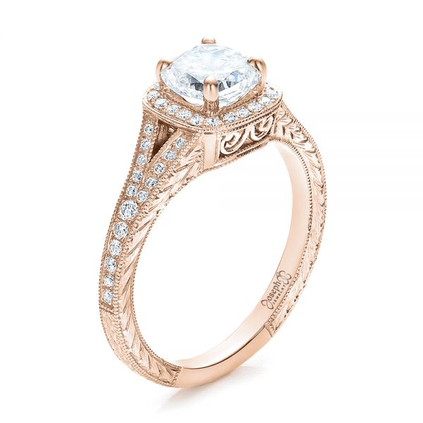 14k Rose Gold 14k Rose Gold Custom Diamond Halo And Hand Engraved Engagement Ring - Three-Quarter View -  100277