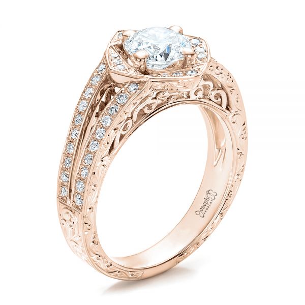 14k Rose Gold 14k Rose Gold Custom Diamond Halo And Hand Engraved Engagement Ring - Three-Quarter View -  100714
