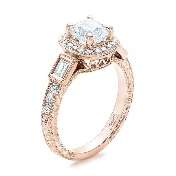 18k Rose Gold 18k Rose Gold Custom Diamond Halo And Hand Engraved Engagement Ring - Three-Quarter View - 100813