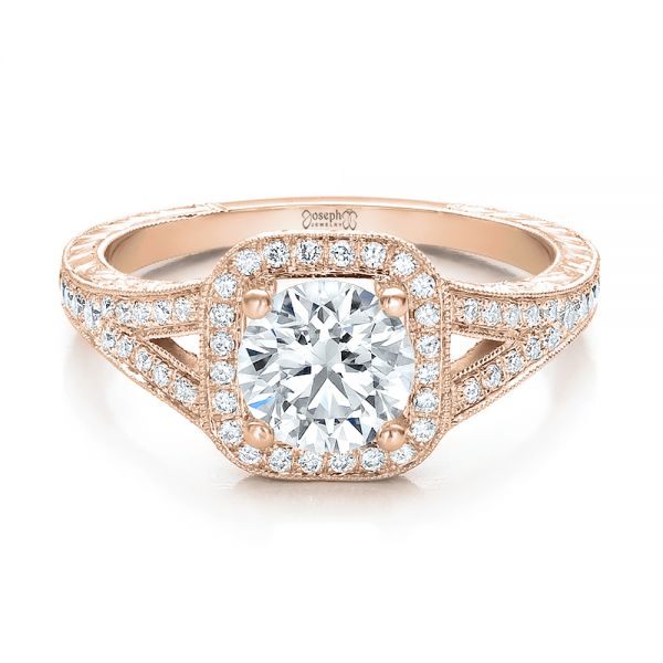 14k Rose Gold 14k Rose Gold Custom Diamond Halo And Hand Engraved Engagement Ring - Flat View - 100287