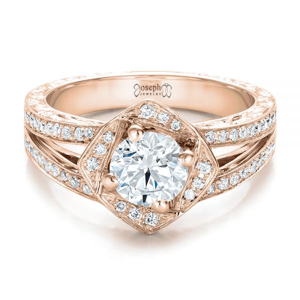 18k Rose Gold 18k Rose Gold Custom Diamond Halo And Hand Engraved Engagement Ring - Flat View -  100714