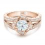 18k Rose Gold 18k Rose Gold Custom Diamond Halo And Hand Engraved Engagement Ring - Flat View -  100714 - Thumbnail