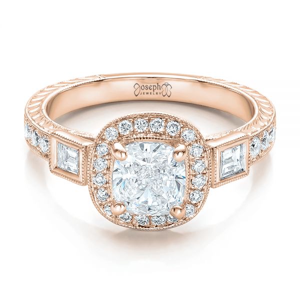 18k Rose Gold 18k Rose Gold Custom Diamond Halo And Hand Engraved Engagement Ring - Flat View -  100813