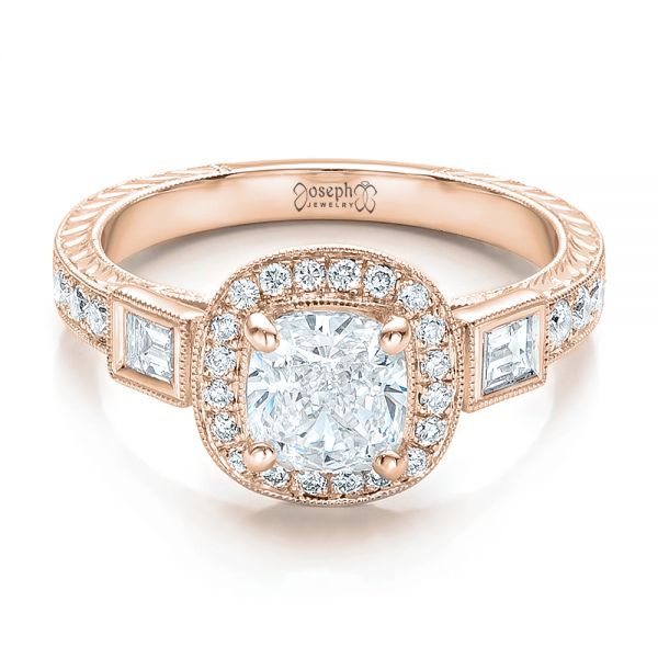 18k Rose Gold 18k Rose Gold Custom Diamond Halo And Hand Engraved Engagement Ring - Flat View - 100813