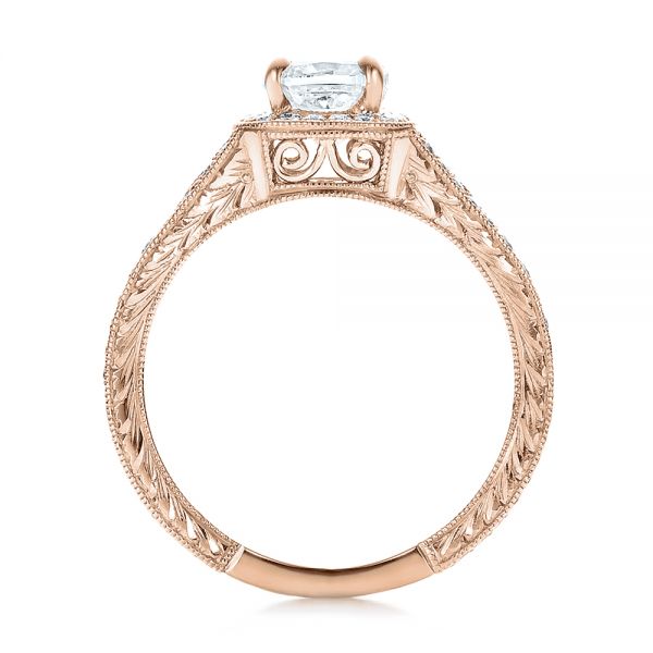 14k Rose Gold 14k Rose Gold Custom Diamond Halo And Hand Engraved Engagement Ring - Front View - 100277