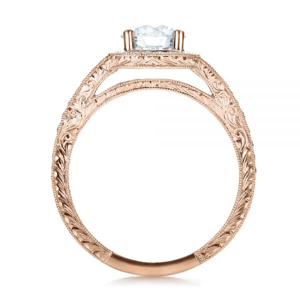 14k Rose Gold 14k Rose Gold Custom Diamond Halo And Hand Engraved Engagement Ring - Front View - 100287