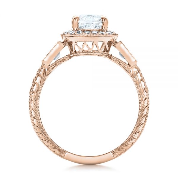 18k Rose Gold 18k Rose Gold Custom Diamond Halo And Hand Engraved Engagement Ring - Front View -  100813