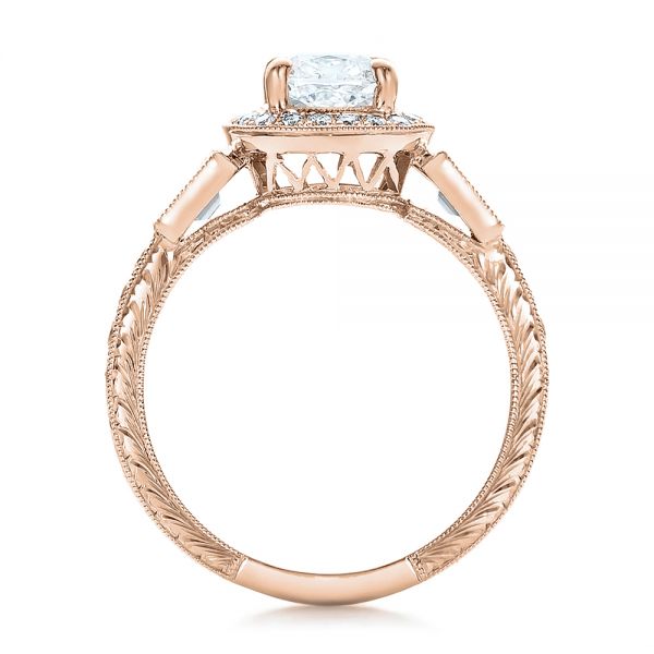 18k Rose Gold 18k Rose Gold Custom Diamond Halo And Hand Engraved Engagement Ring - Front View - 100813