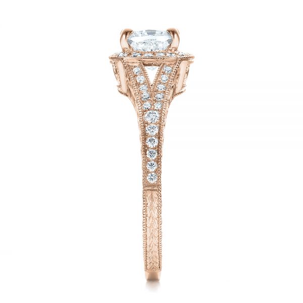 14k Rose Gold 14k Rose Gold Custom Diamond Halo And Hand Engraved Engagement Ring - Side View -  100277