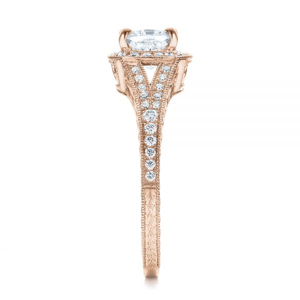 14k Rose Gold 14k Rose Gold Custom Diamond Halo And Hand Engraved Engagement Ring - Side View - 100277