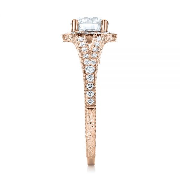 18k Rose Gold 18k Rose Gold Custom Diamond Halo And Hand Engraved Engagement Ring - Side View -  100287