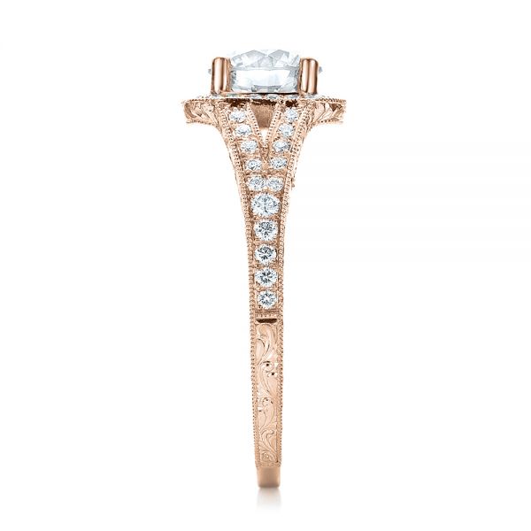 14k Rose Gold 14k Rose Gold Custom Diamond Halo And Hand Engraved Engagement Ring - Side View - 100287