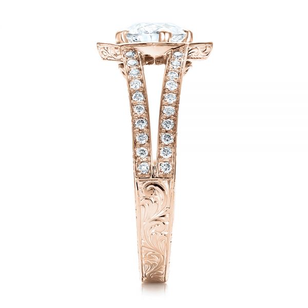 18k Rose Gold 18k Rose Gold Custom Diamond Halo And Hand Engraved Engagement Ring - Side View -  100714
