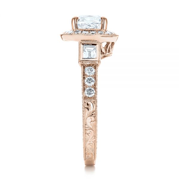 18k Rose Gold 18k Rose Gold Custom Diamond Halo And Hand Engraved Engagement Ring - Side View - 100813
