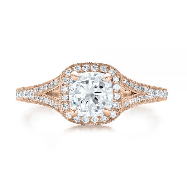 14k Rose Gold 14k Rose Gold Custom Diamond Halo And Hand Engraved Engagement Ring - Top View - 100277