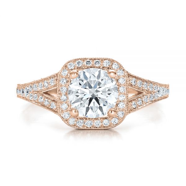 14k Rose Gold 14k Rose Gold Custom Diamond Halo And Hand Engraved Engagement Ring - Top View - 100287