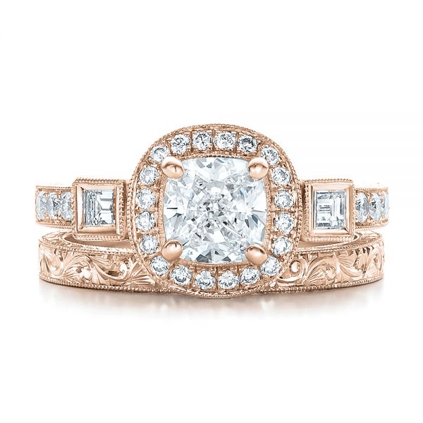 18k Rose Gold 18k Rose Gold Custom Diamond Halo And Hand Engraved Engagement Ring - Top View - 100813