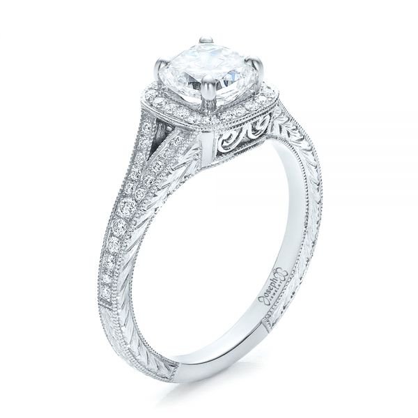 Custom Diamond Halo and Hand Engraved Engagement Ring - Image