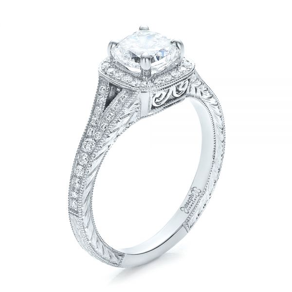 14k White Gold 14k White Gold Custom Diamond Halo And Hand Engraved Engagement Ring - Three-Quarter View -  100277