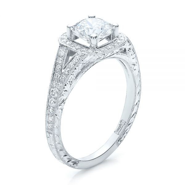14k White Gold Custom Diamond Halo And Hand Engraved Engagement Ring - Three-Quarter View -  100287