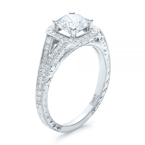 14k White Gold Custom Diamond Halo And Hand Engraved Engagement Ring - Three-Quarter View - 100287