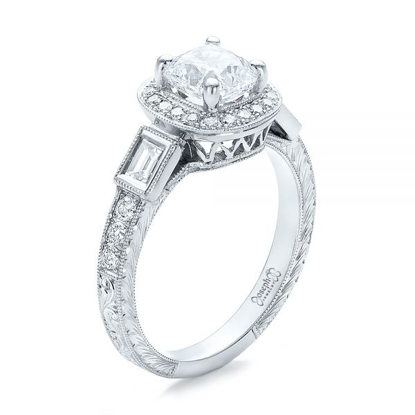 14k White Gold Custom Diamond Halo And Hand Engraved Engagement Ring - Three-Quarter View - 100813