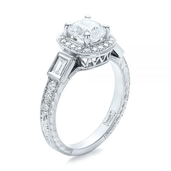 14k White Gold Custom Diamond Halo And Hand Engraved Engagement Ring - Three-Quarter View -  100813