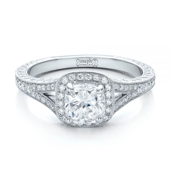  Platinum Platinum Custom Diamond Halo And Hand Engraved Engagement Ring - Flat View -  100277