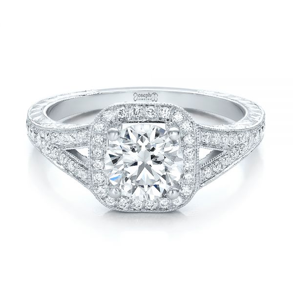 14k White Gold Custom Diamond Halo And Hand Engraved Engagement Ring - Flat View -  100287