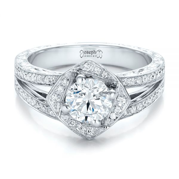 18k White Gold Custom Diamond Halo And Hand Engraved Engagement Ring - Flat View -  100714