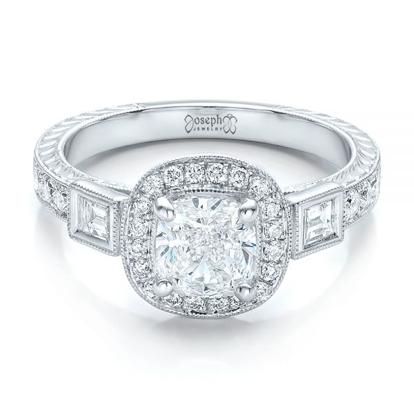 14k White Gold Custom Diamond Halo And Hand Engraved Engagement Ring - Flat View -  100813