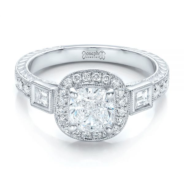 14k White Gold Custom Diamond Halo And Hand Engraved Engagement Ring - Flat View - 100813