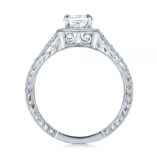 18k White Gold 18k White Gold Custom Diamond Halo And Hand Engraved Engagement Ring - Front View - 100277