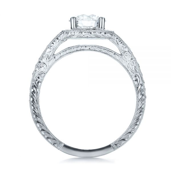 14k White Gold Custom Diamond Halo And Hand Engraved Engagement Ring - Front View -  100287