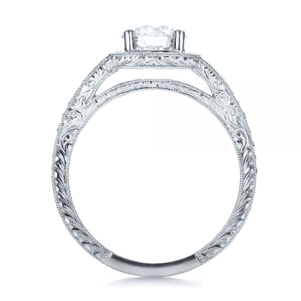 14k White Gold Custom Diamond Halo And Hand Engraved Engagement Ring - Front View - 100287