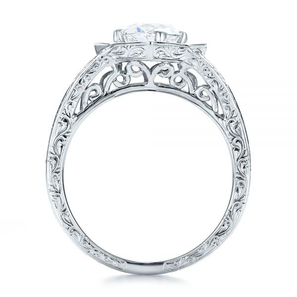 14k White Gold 14k White Gold Custom Diamond Halo And Hand Engraved Engagement Ring - Front View -  100714