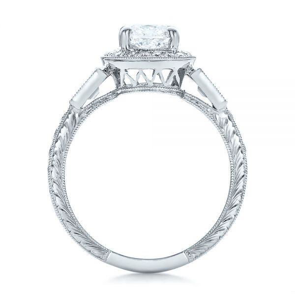 14k White Gold Custom Diamond Halo And Hand Engraved Engagement Ring - Front View - 100813