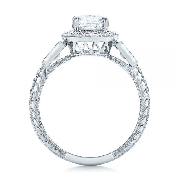 14k White Gold Custom Diamond Halo And Hand Engraved Engagement Ring - Front View -  100813