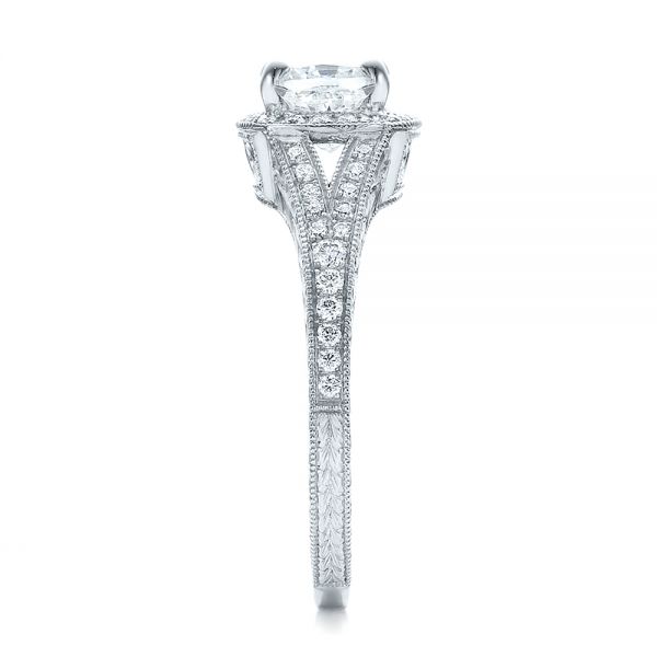 18k White Gold 18k White Gold Custom Diamond Halo And Hand Engraved Engagement Ring - Side View - 100277