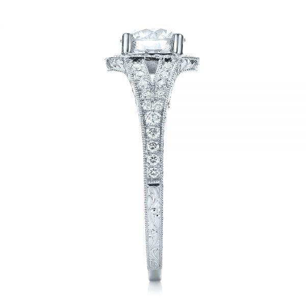 14k White Gold Custom Diamond Halo And Hand Engraved Engagement Ring - Side View -  100287