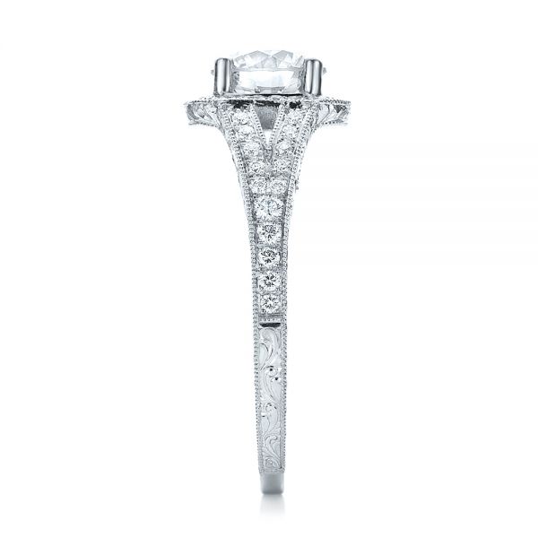 14k White Gold Custom Diamond Halo And Hand Engraved Engagement Ring - Side View - 100287