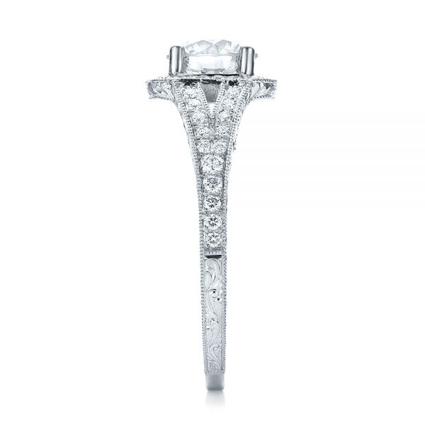  Platinum Platinum Custom Diamond Halo And Hand Engraved Engagement Ring - Side View -  100287