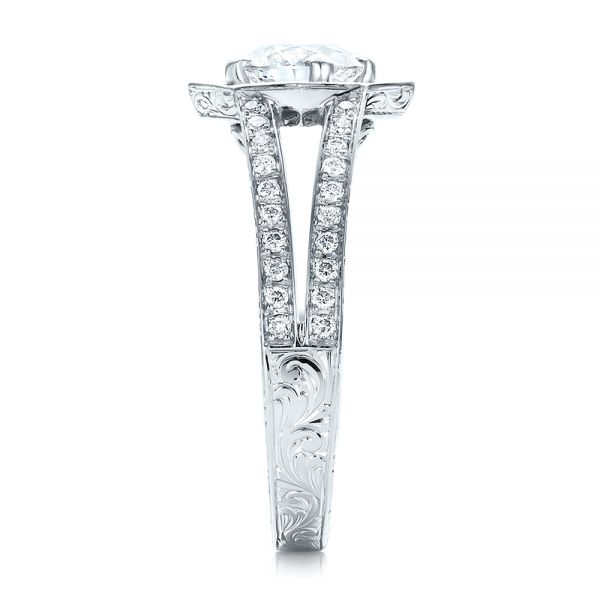 18k White Gold Custom Diamond Halo And Hand Engraved Engagement Ring - Side View -  100714
