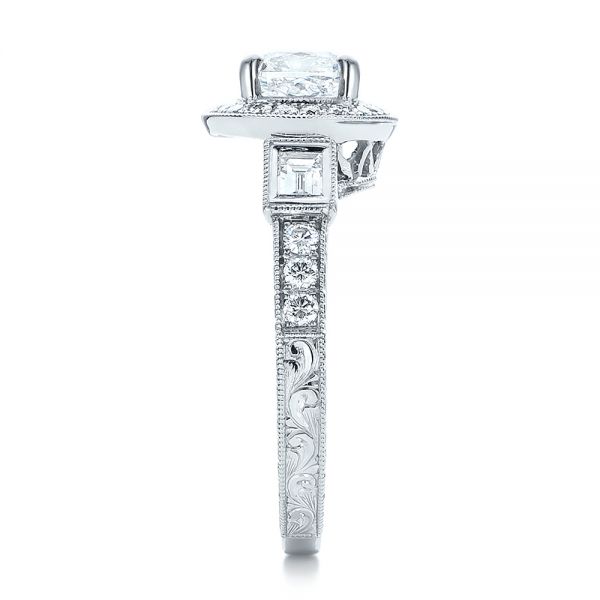 14k White Gold Custom Diamond Halo And Hand Engraved Engagement Ring - Side View - 100813