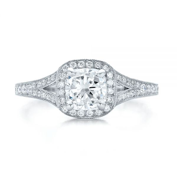 18k White Gold 18k White Gold Custom Diamond Halo And Hand Engraved Engagement Ring - Top View - 100277