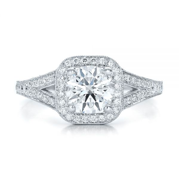 14k White Gold Custom Diamond Halo And Hand Engraved Engagement Ring - Top View -  100287