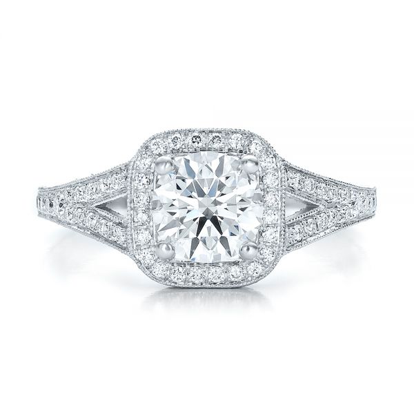 14k White Gold Custom Diamond Halo And Hand Engraved Engagement Ring - Top View - 100287