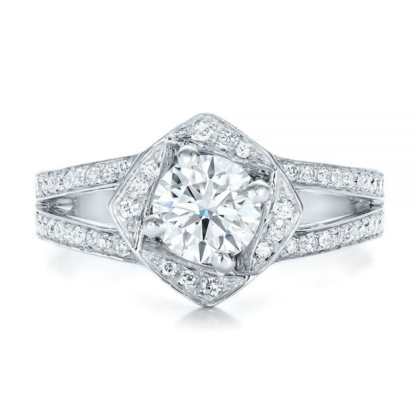 18k White Gold Custom Diamond Halo And Hand Engraved Engagement Ring - Top View -  100714